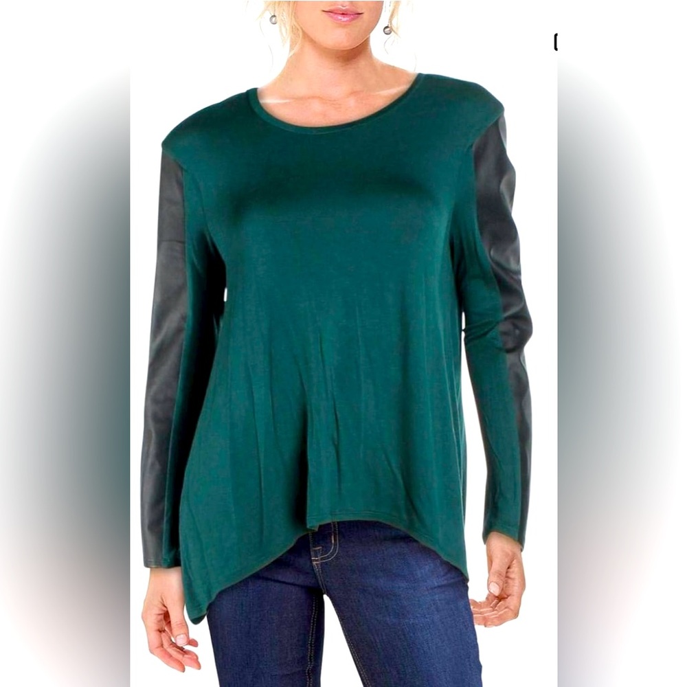 Elegant BCBG Max Azria Deep Green Blouse with black leathery accent on sleeves.